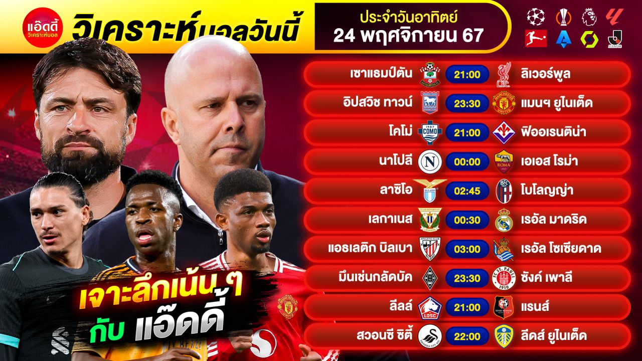 วิเคราะห์บอลวันนี้ by แอ๊ดดี้ @ad333 ทีเด็ดบอล บอลเต็ง บอลสเต็ป | วันอาทิตย์ ที่ 24 พฤศจิกายน 2567