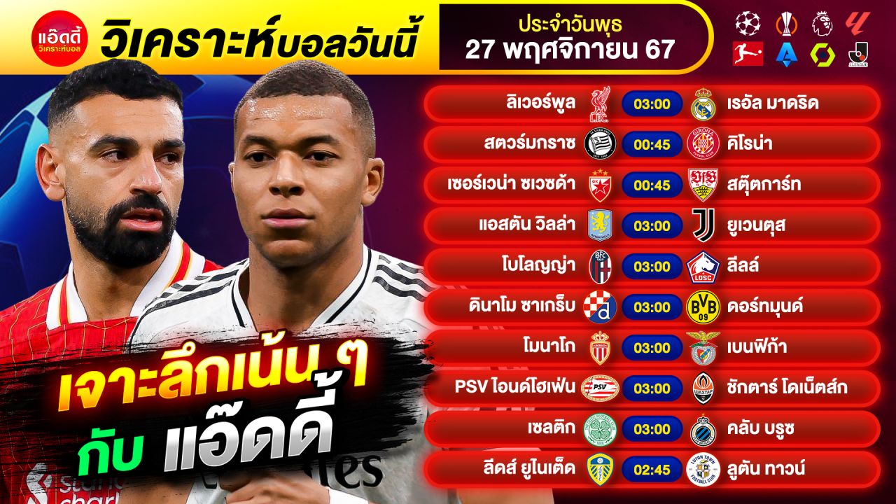 วิเคราะห์บอลวันนี้ by แอ๊ดดี้ @ad333 ทีเด็ดบอล บอลเต็ง บอลสเต็ป | วันพุธ ที่ 27 พฤศจิกายน 2567