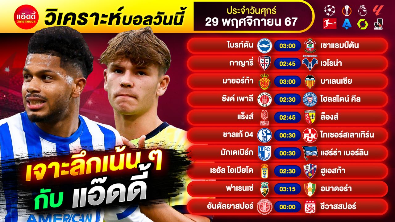 วิเคราะห์บอลวันนี้ by แอ๊ดดี้ @ad333 ทีเด็ดบอล บอลเต็ง บอลสเต็ป | วันศุกร์ ที่ 29 พฤศจิกายน 2567