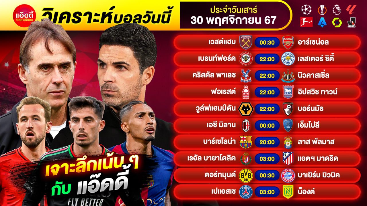 วิเคราะห์บอลวันนี้ ทีเด็ดบอล by แอ๊ดดี้ @ad333 บอลเต็ง บอลสเต็ป | วันเสาร์ ที่ 30 พฤศจิกายน 2567