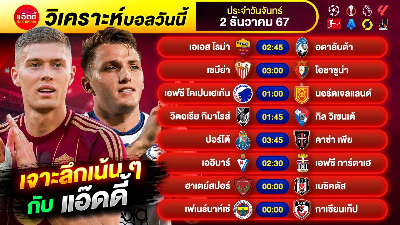 วิเคราะห์บอลวันนี้ ทีเด็ดบอล by แอ๊ดดี้ @ad333 บอลเต็ง บอลสเต็ป | วันจันทร์ ที่ 2 ธันวาคม 2567