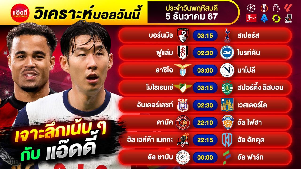 วิเคราะห์บอลวันนี้ ทีเด็ดบอล by แอ๊ดดี้ @ad333 บอลเต็ง บอลสเต็ป | วันพฤหัสบดี ที่ 5 ธันวาคม 2567