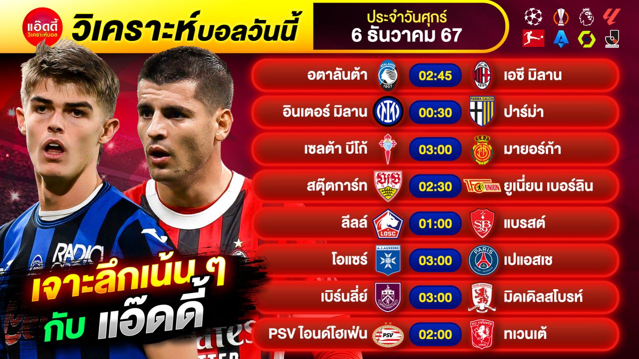 วิเคราะห์บอลวันนี้ ทีเด็ดบอล by แอ๊ดดี้ @ad333 บอลเต็ง บอลสเต็ป | วันศุกร์ ที่ 6 ธันวาคม 2567