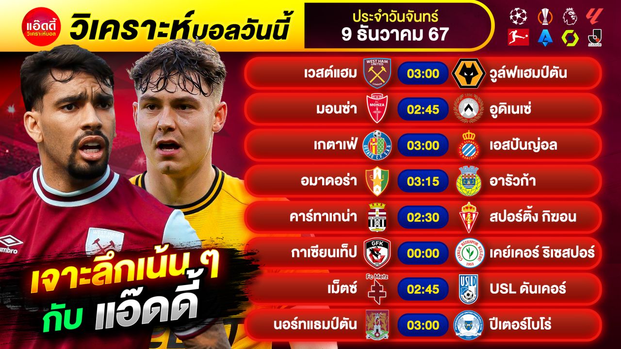 วิเคราะห์บอลวันนี้ ทีเด็ดบอล by แอ๊ดดี้ @ad333 บอลเต็ง บอลสเต็ป | วันจันทร์ ที่ 9 ธันวาคม 2567