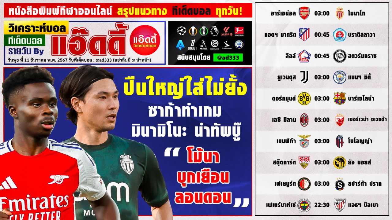 วิเคราะห์บอลวันนี้ ทีเด็ดบอล by แอ๊ดดี้ @ad333 บอลเต็ง บอลสเต็ป | วันพุธ ที่ 11 ธันวาคม 2567
