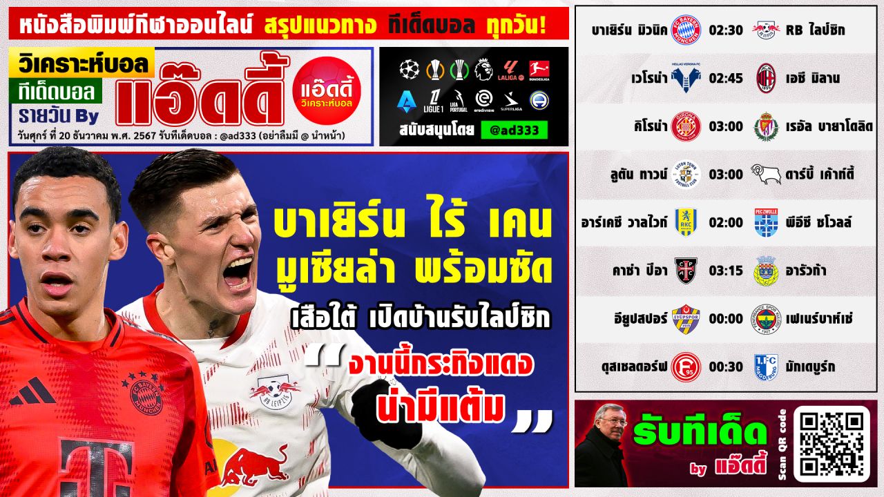 วิเคราะห์บอลวันนี้ ทีเด็ดบอล by แอ๊ดดี้ @ad333 บอลเต็ง บอลสเต็ป | วันศุกร์ ที่ 20 ธันวาคม 2567