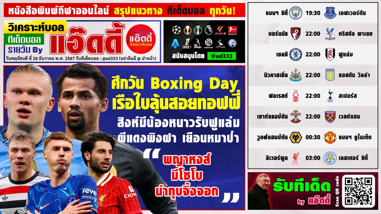 วิเคราะห์บอลวันนี้ ทีเด็ดบอล by แอ๊ดดี้ @ad333 บอลเต็ง บอลสเต็ป | วันพฤหัสบดี ที่ 26 ธันวาคม 2567