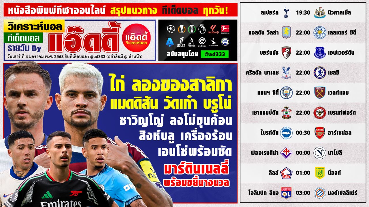 วิเคราะห์บอลวันนี้ ทีเด็ดบอล by แอ๊ดดี้ @ad333 บอลเต็ง บอลสเต็ป | วันเสาร์ ที่ 4 มกราคม 2568