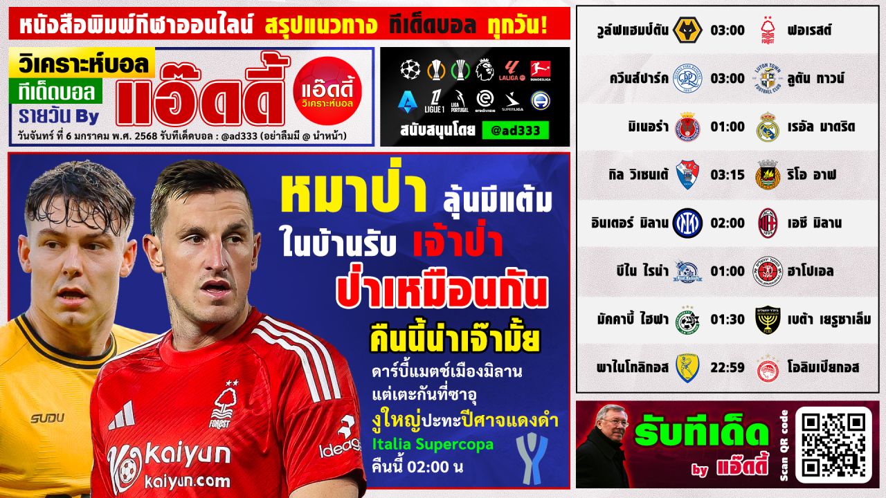 วิเคราะห์บอลวันนี้ ทีเด็ดบอล by แอ๊ดดี้ @ad333 บอลเต็ง บอลสเต็ป | วันจันทร์ ที่ 6 มกราคม 2568