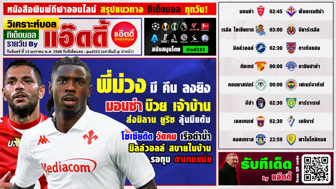 วิเคราะห์บอลวันนี้ ทีเด็ดบอล by แอ๊ดดี้ @ad333 บอลเต็ง บอลสเต็ป | วันจันทร์ ที่ 13 มกราคม 2568