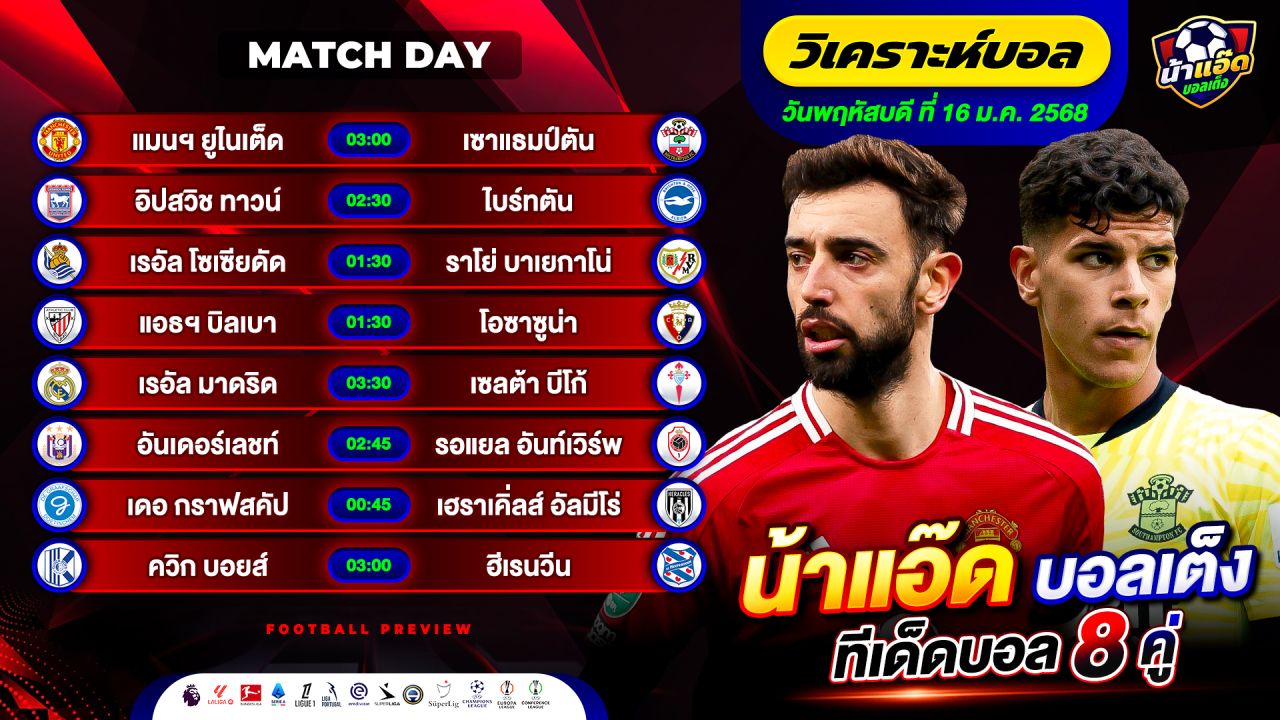 วิเคราะห์บอลวันนี้ ทีเด็ดบอล วันพฤหัสบดีที่ 16 มกราคม 2568 By น้าแอ๊ดบอลเต็ง