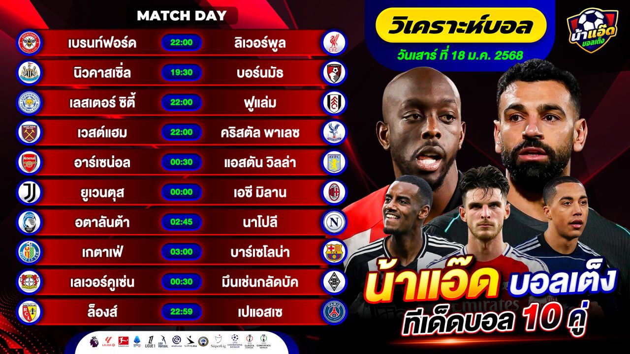 วิเคราะห์บอลวันนี้ ทีเด็ดบอล วันเสาร์ ที่ 18 มกราคม 2568 By น้าแอ๊ดบอลเต็ง