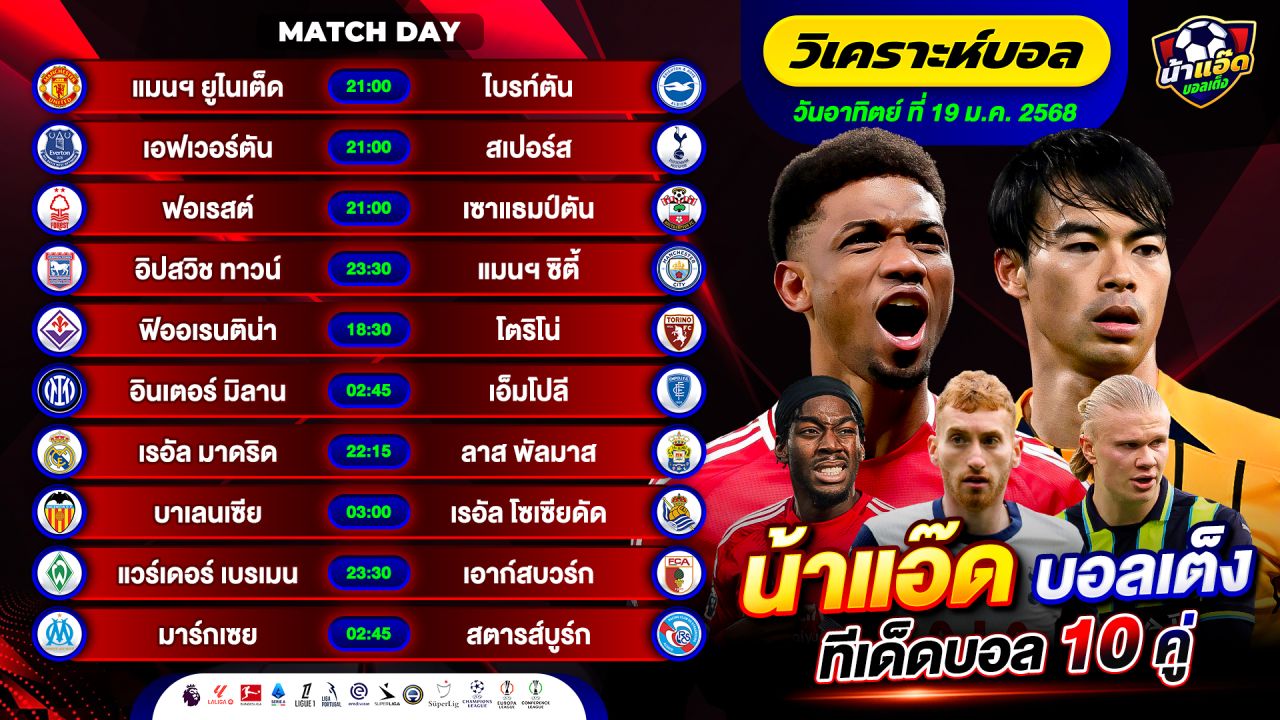 วิเคราะห์บอลวันนี้ ทีเด็ดบอล วันอาทิตย์ ที่ 19 มกราคม 2568 By น้าแอ๊ดบอลเต็ง