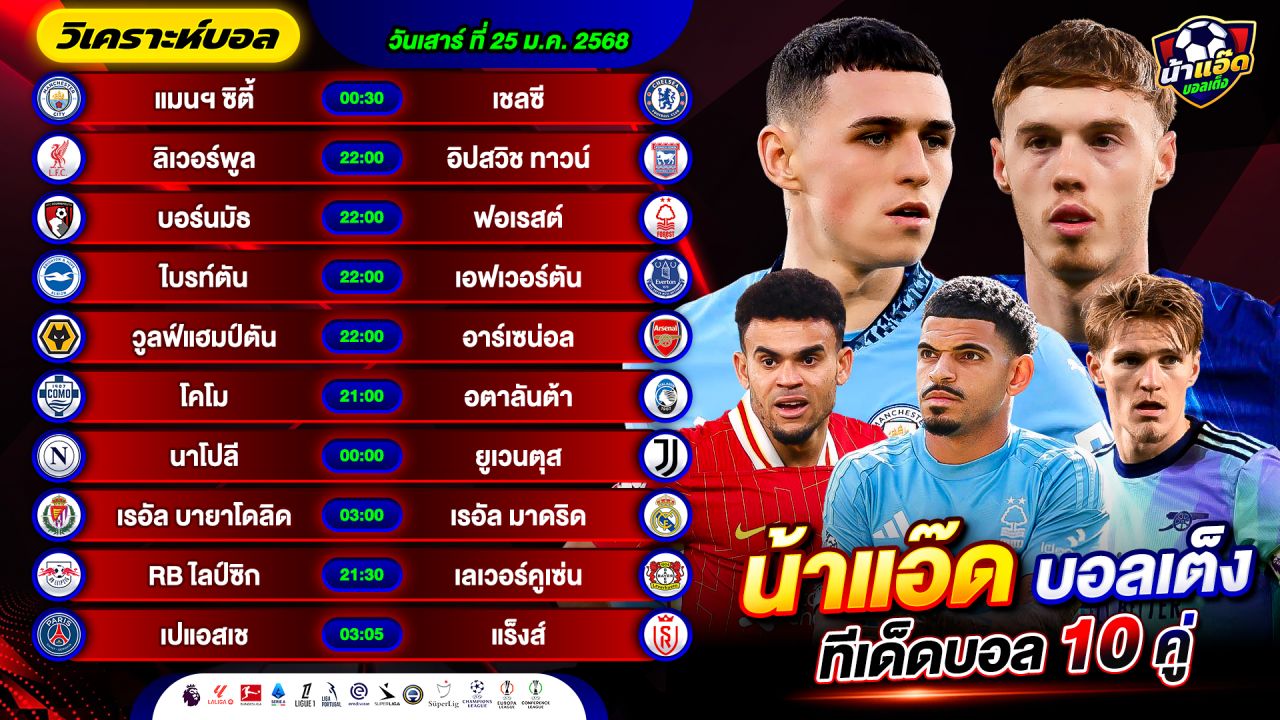 วิเคราะห์บอลวันนี้ ทีเด็ดบอล วันเสาร์ ที่ 25 มกราคม 2568 By น้าแอ๊ดบอลเต็ง