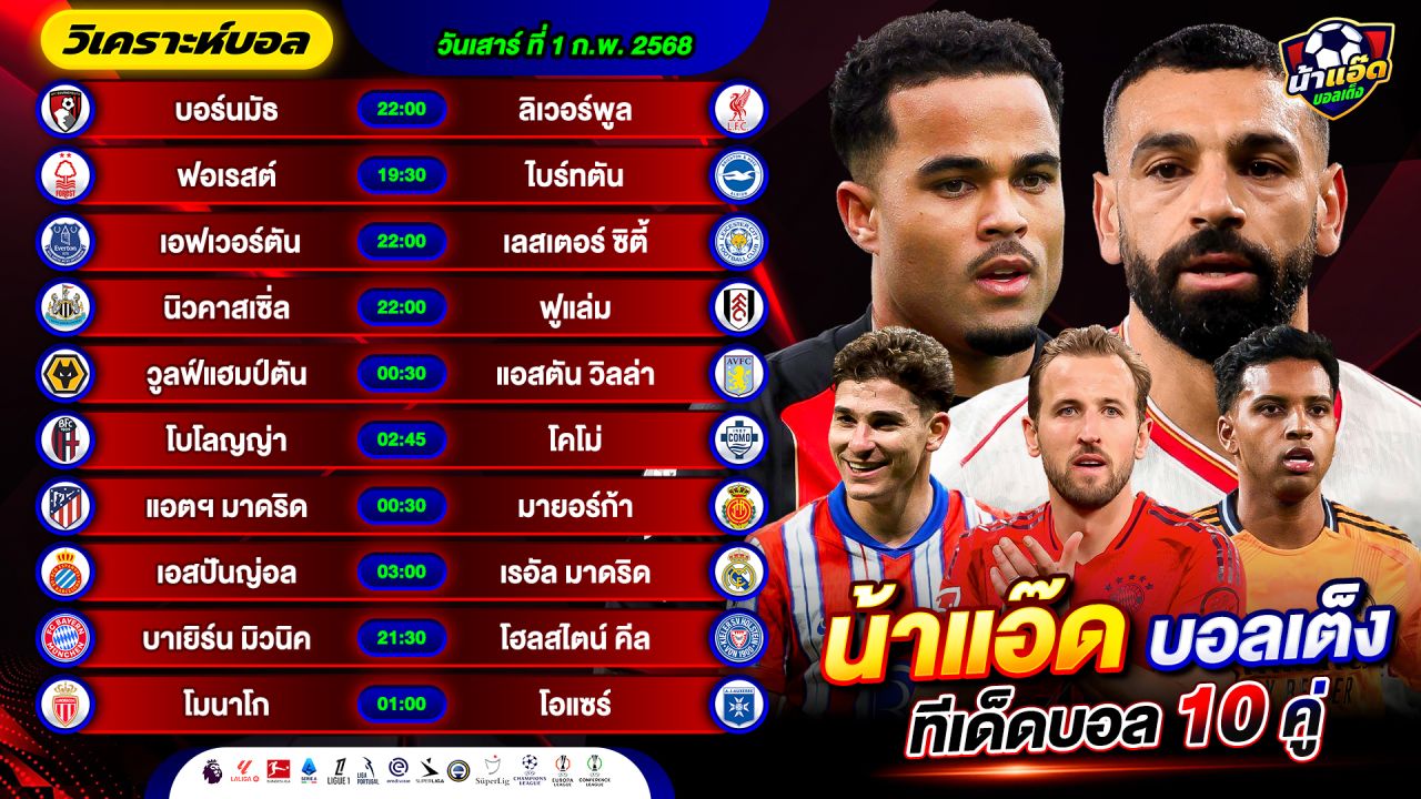 วิเคราะห์บอลวันนี้ ทีเด็ดบอล วันเสาร์ ที่ 1 กุมภาพันธ์ 2568 By น้าแอ๊ดบอลเต็ง