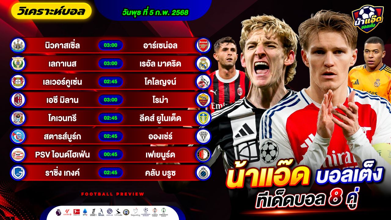 วิเคราะห์บอลวันนี้ ทีเด็ดบอล วันพุธ ที่ 5 กุมภาพันธ์ 2568 By น้าแอ๊ดบอลเต็ง