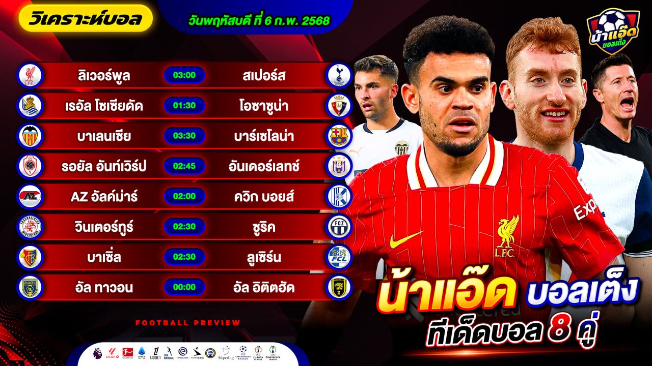 วิเคราะห์บอลวันนี้ ทีเด็ดบอล วันพฤหัสบดี ที่ 6 กุมภาพันธ์ 2568 By น้าแอ๊ดบอลเต็ง