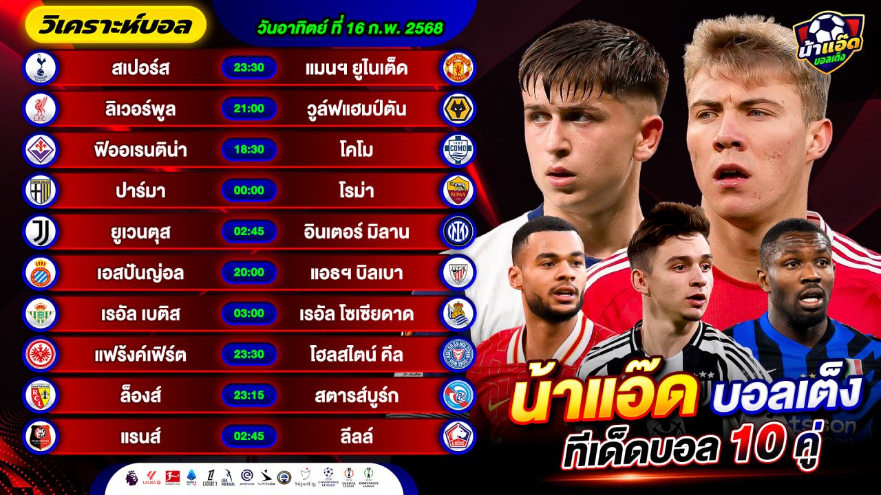วิเคราะห์บอลวันนี้ ทีเด็ดบอล วันอาทิตย์ ที่ 16 กุมภาพันธ์ 2568 By น้าแอ๊ดบอลเต็ง