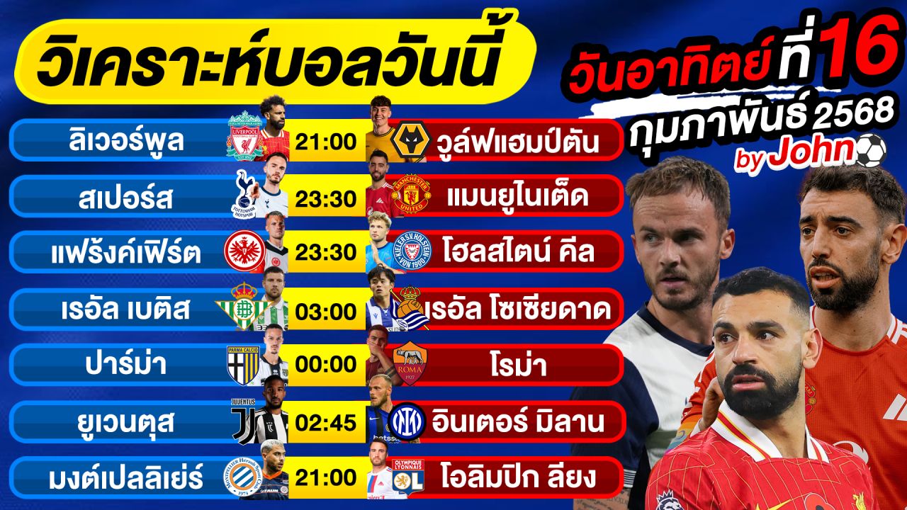 วิเคราะห์บอลวันนี้ บอลเต็ง ทีเด็ดบอล วันอาทิตย์ ที่ 16 กุมภาพันธ์ 2568 By จอห์นบอลเต็ง