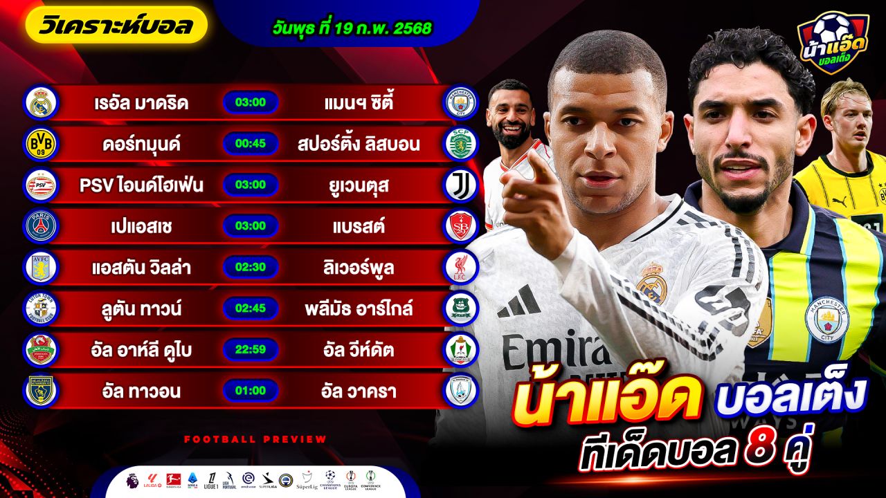 วิเคราะห์บอลวันนี้ ทีเด็ดบอล วันพุธ ที่ 19 กุมภาพันธ์ 2568 By น้าแอ๊ดบอลเต็ง