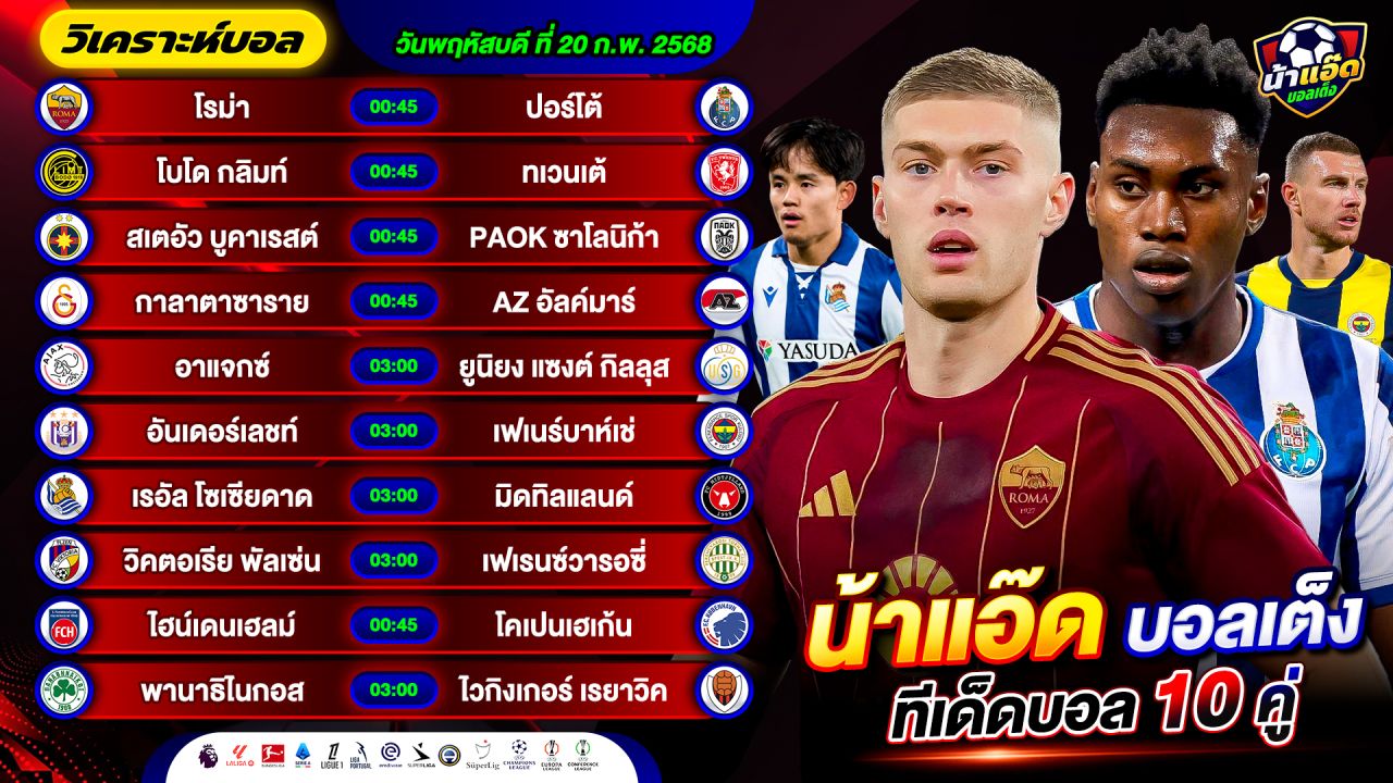 วิเคราะห์บอลวันนี้ ทีเด็ดบอล วันพฤหัสบดี ที่ 20 กุมภาพันธ์ 2568 By น้าแอ๊ดบอลเต็ง