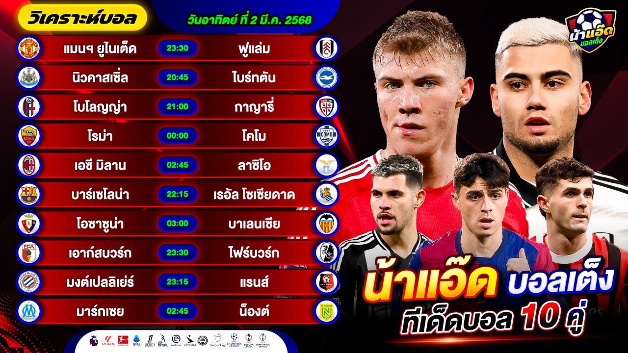 วิเคราะห์บอลวันนี้ ทีเด็ดบอล วันอาทิตย์ ที่ 2 มีนาคม 2568 By น้าแอ๊ดบอลเต็ง