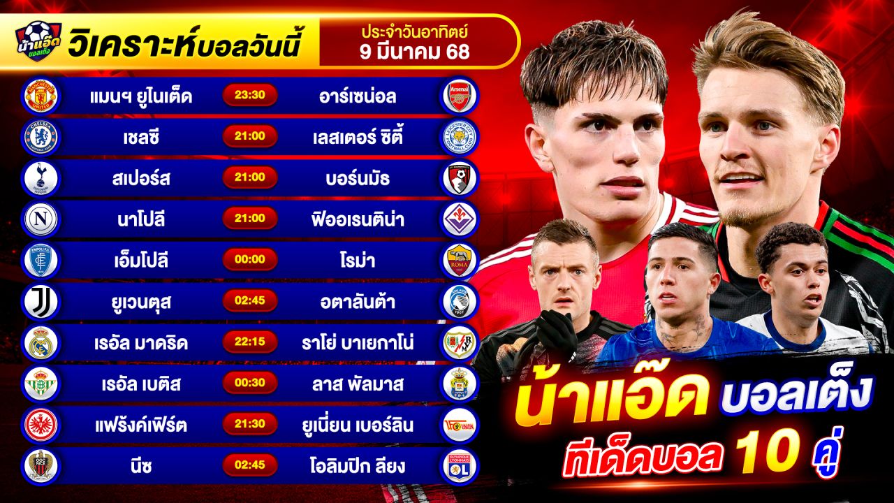 วิเคราะห์บอลวันนี้ ทีเด็ดบอล วันอาทิตย์ ที่ 9 มีนาคม 2568 By น้าแอ๊ดบอลเต็ง