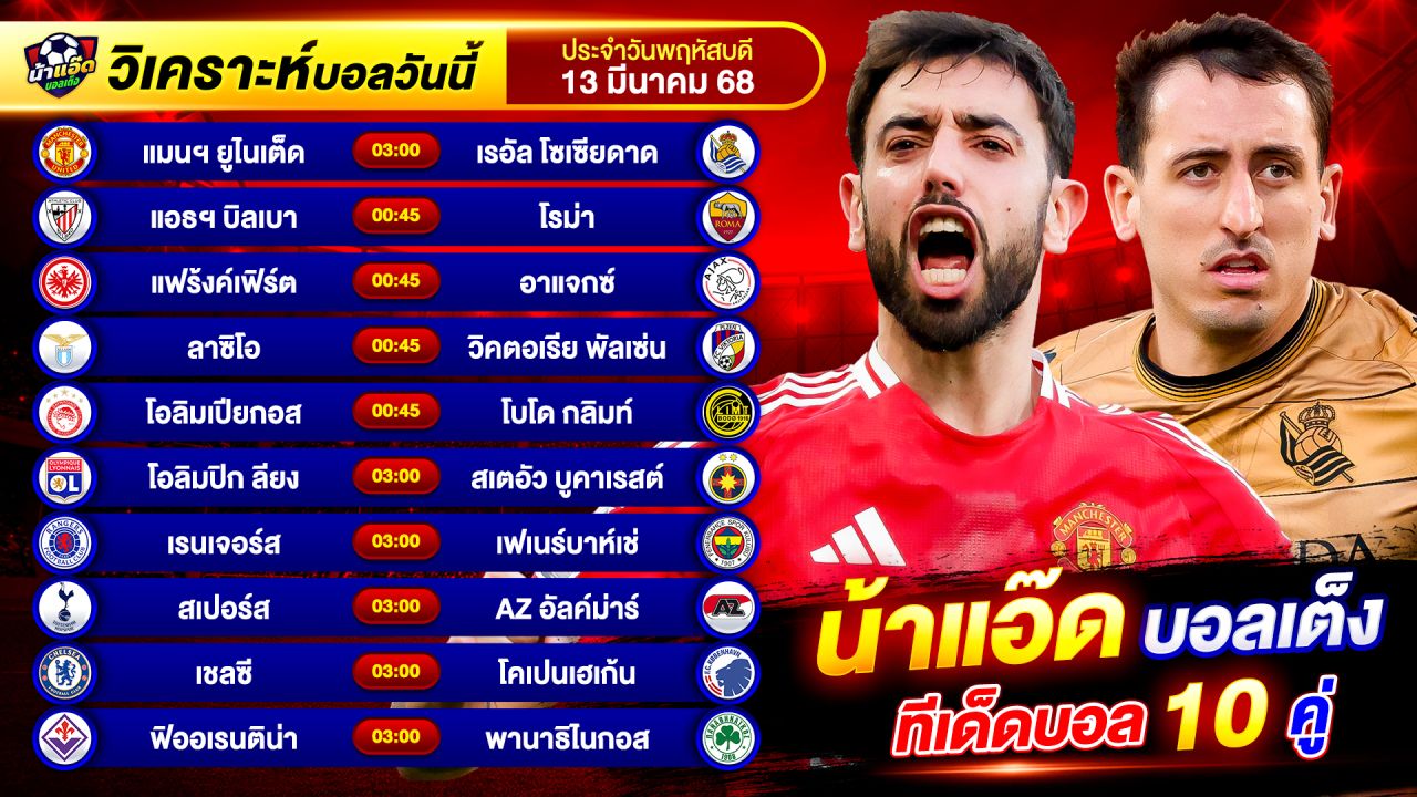 วิเคราะห์บอลวันนี้ ทีเด็ดบอล วันพฤหัสบดี ที่ 13 มีนาคม 2568 By น้าแอ๊ดบอลเต็ง #วิเคราะห์บอลวันนี้