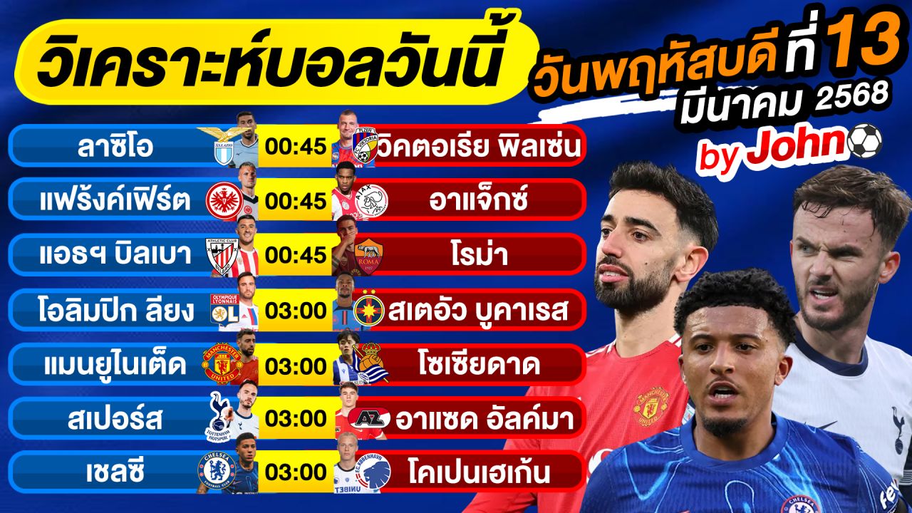 วิเคราะห์บอลวันนี้ บอลเต็ง ทีเด็ดบอล วันพฤหัสบดี ที่ 13 มีนาคม 2568 By จอห์นบอลเต็ง