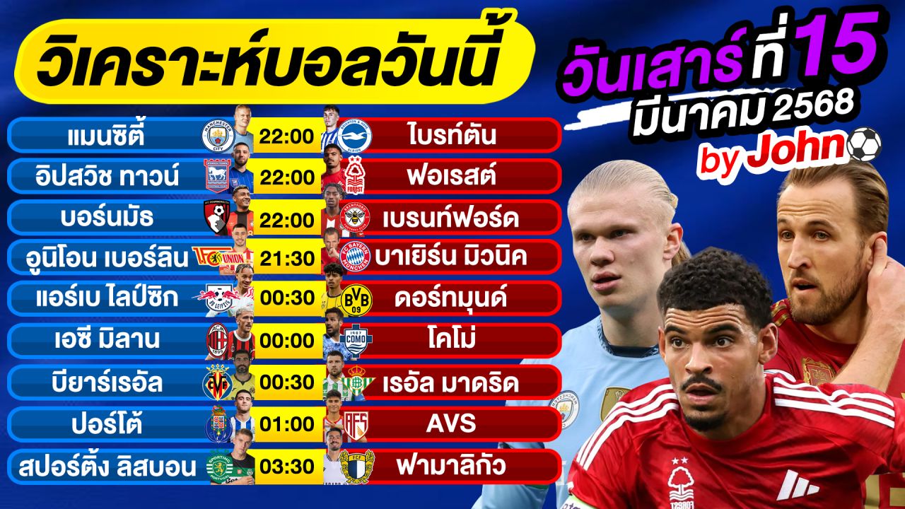 วิเคราะห์บอลวันนี้ บอลเต็ง ทีเด็ดบอล วันเสาร์ ที่ 15 มีนาคม 2568 By จอห์นบอลเต็ง