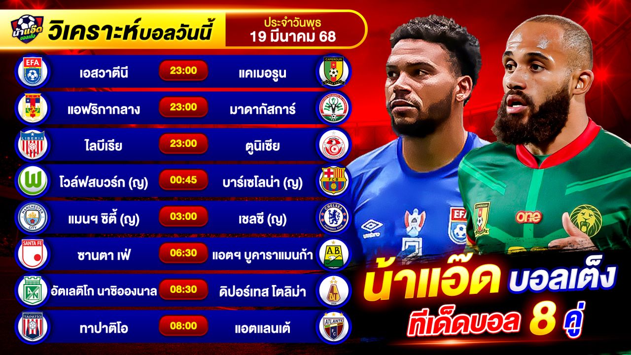 วิเคราะห์บอลวันนี้ ทีเด็ดบอล วันพุธ ที่ 19 มีนาคม 2568 By น้าแอ๊ดบอลเต็ง #วิเคราะห์บอลวันนี้