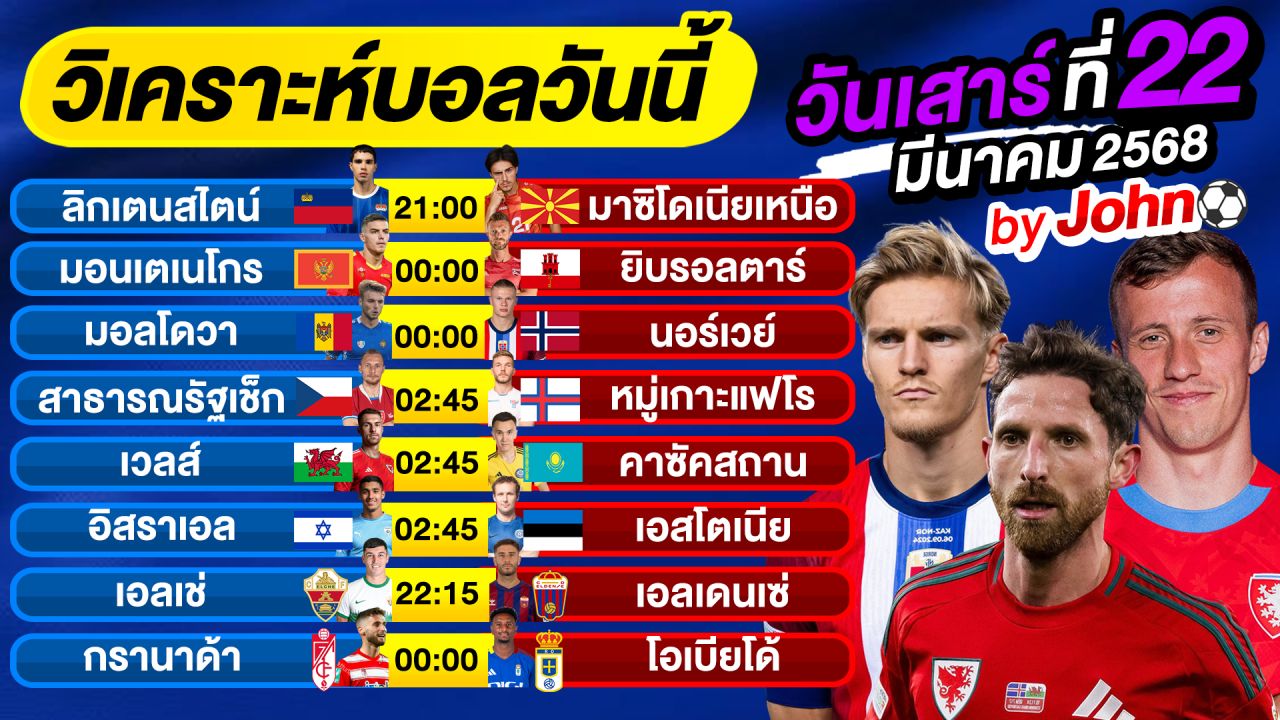 วิเคราะห์บอลวันนี้ บอลเต็ง ทีเด็ดบอล วันเสาร์ ที่ 22 มีนาคม 2568 By จอห์นบอลเต็ง
