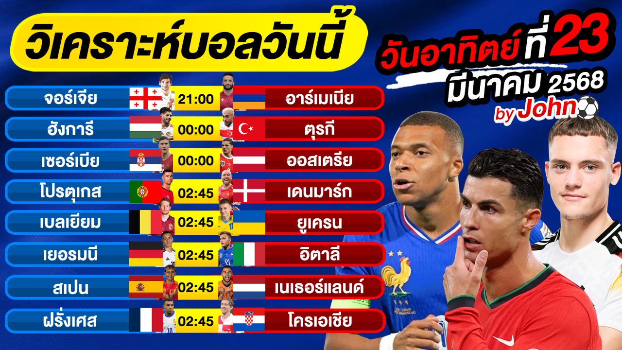 วิเคราะห์บอลวันนี้ บอลเต็ง ทีเด็ดบอล วันอาทิตย์ ที่ 23 มีนาคม 2568 By จอห์นบอลเต็ง