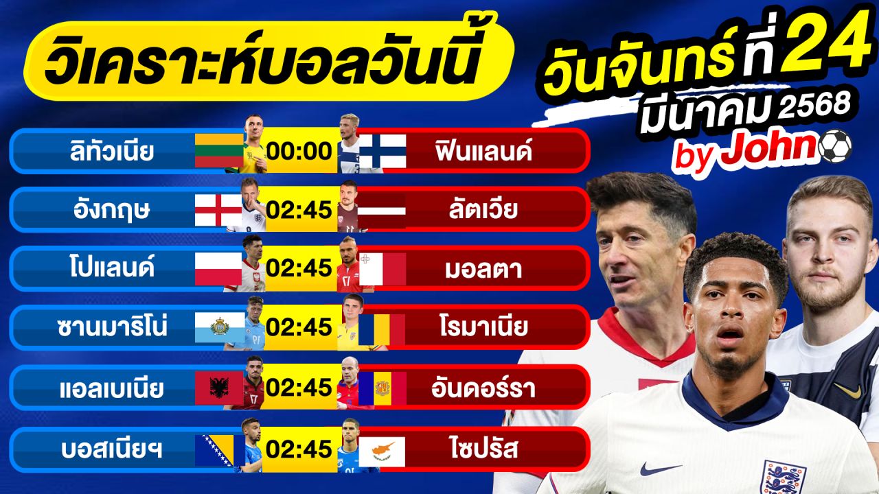 วิเคราะห์บอลวันนี้ บอลเต็ง ทีเด็ดบอล วันจันทร์ ที่ 24 มีนาคม 2568 By จอห์นบอลเต็ง