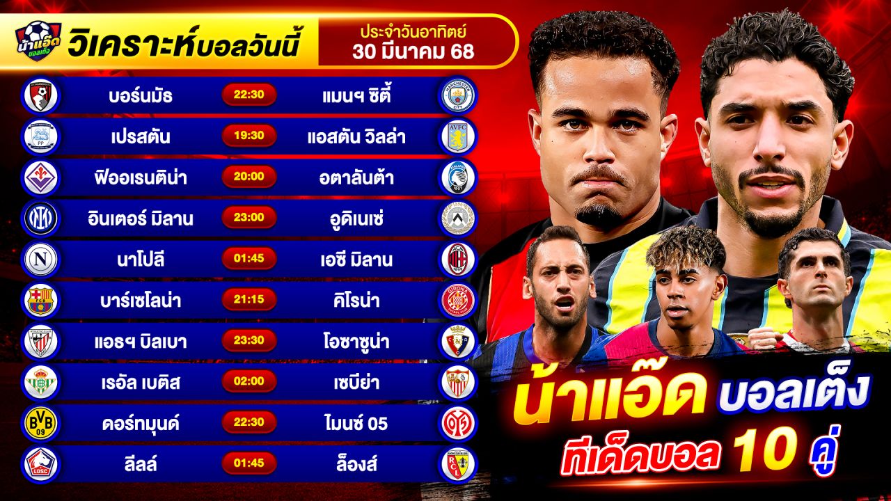 วิเคราะห์บอลวันนี้ ทีเด็ดบอล วันอาทิตย์ ที่ 30 มีนาคม 2568 By น้าแอ๊ดบอลเต็ง #วิเคราะห์บอลวันนี้