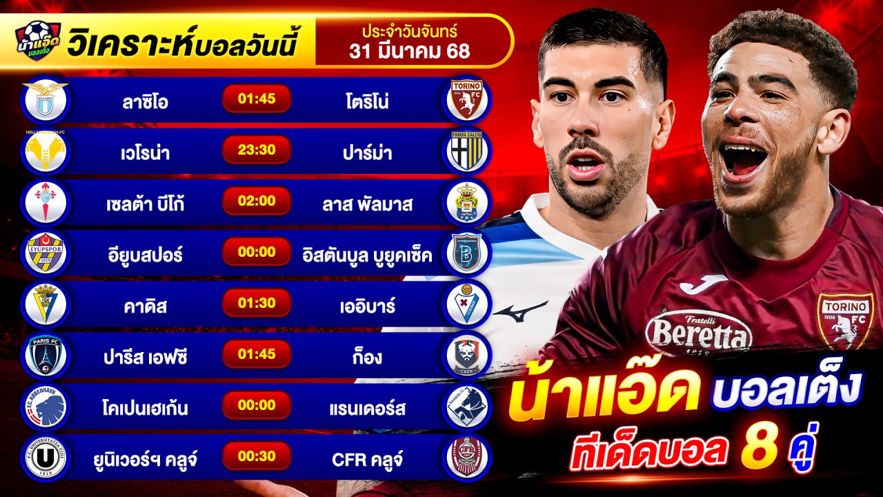 วิเคราะห์บอลวันนี้ ทีเด็ดบอล วันจันทร์ ที่ 31 มีนาคม 2568 By น้าแอ๊ดบอลเต็ง #วิเคราะห์บอลวันนี้