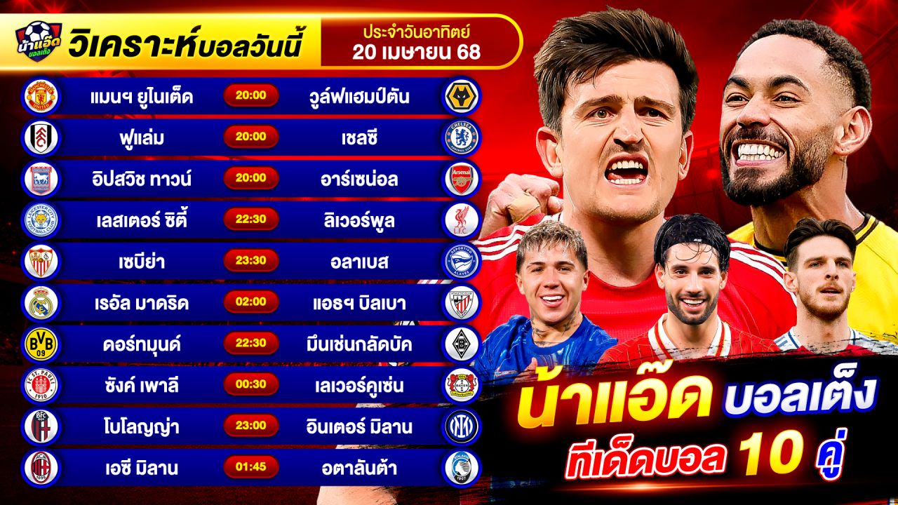 วิเคราะห์บอลวันนี้ ทีเด็ดบอล วันอาทิตย์ ที่ 20 เมษายน 2568 By น้าแอ๊ดบอลเต็ง #วิเคราะห์บอลวันนี้
