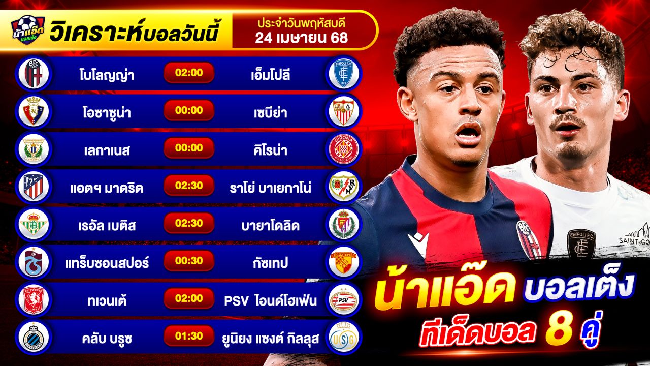 วิเคราะห์บอลวันนี้ ทีเด็ดบอล วันพฤหัสบดีที่ 24 เมษายน 2568 By น้าแอ๊ดบอลเต็ง #วิเคราะห์บอลวันนี้