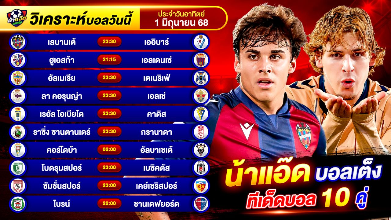 วิเคราะห์บอลวันนี้ ทีเด็ดบอล วันอาทิตย์ ที่ 1 มิถุนายน 2568 By น้าแอ๊ดบอลเต็ง #วิเคราะห์บอลวันนี้
