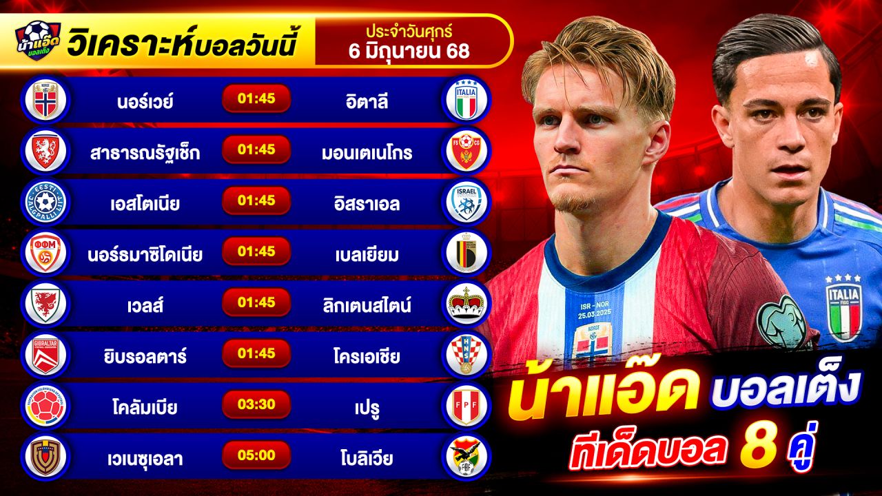 วิเคราะห์บอลวันนี้ ทีเด็ดบอล วันศุกร์ ที่ 6 มิถุนายน 2568 By น้าแอ๊ดบอลเต็ง #วิเคราะห์บอลวันนี้