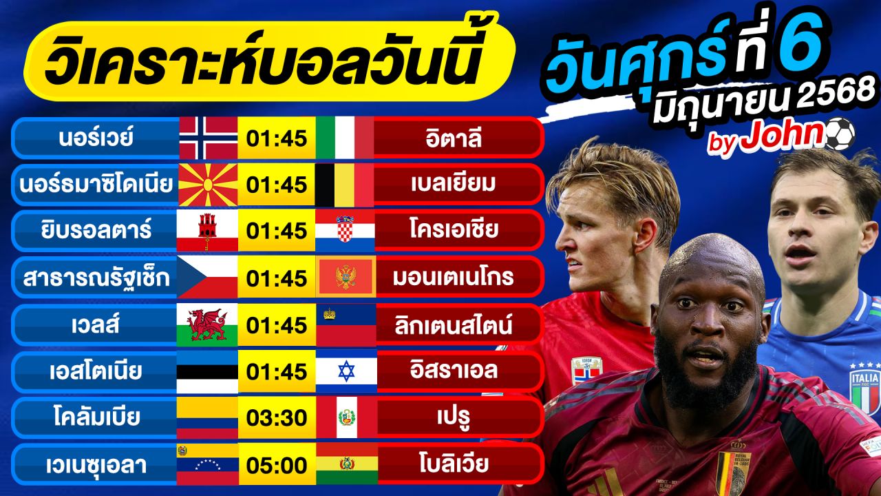 วิเคราะห์บอลวันนี้ บอลเต็ง ทีเด็ดบอล วันศุกร์ ที่ 6 มิถุนายน 2568 By จอห์นบอลเต็ง