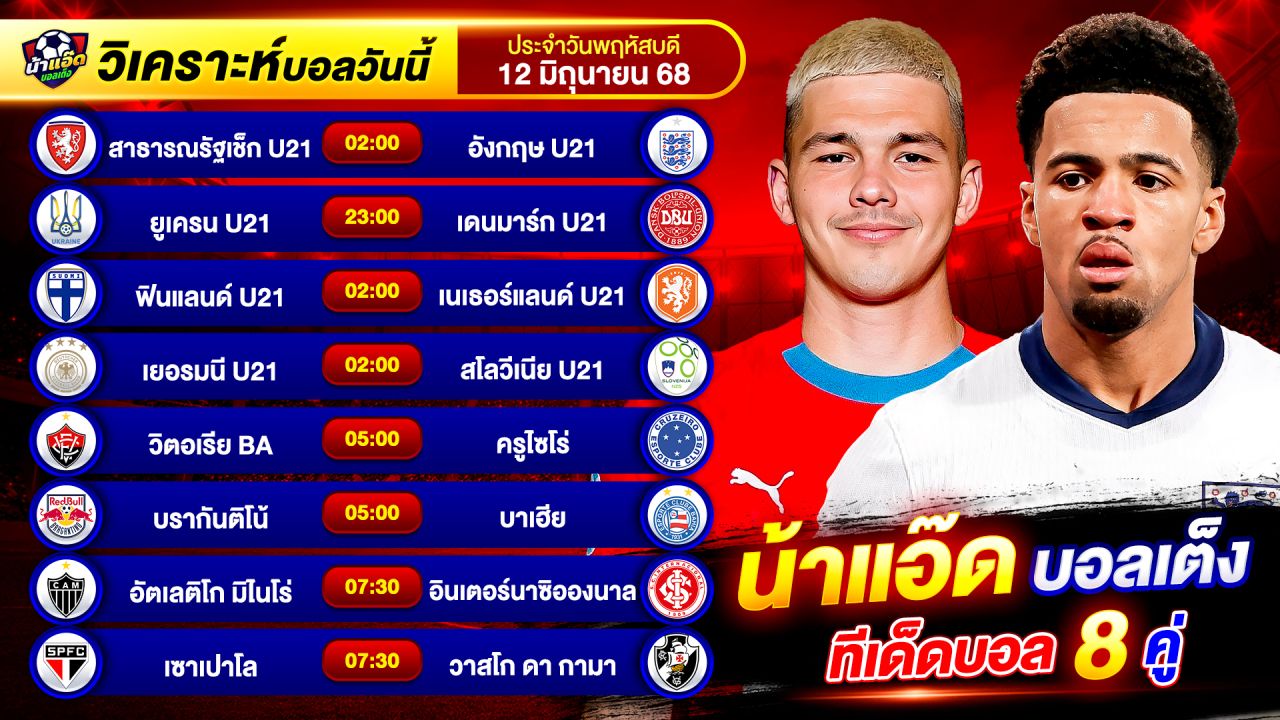 วิเคราะห์บอลวันนี้ ทีเด็ดบอล วันพฤหัสบดี ที่ 12 มิถุนายน 2568 By น้าแอ๊ดบอลเต็ง #วิเคราะห์บอลวันนี้