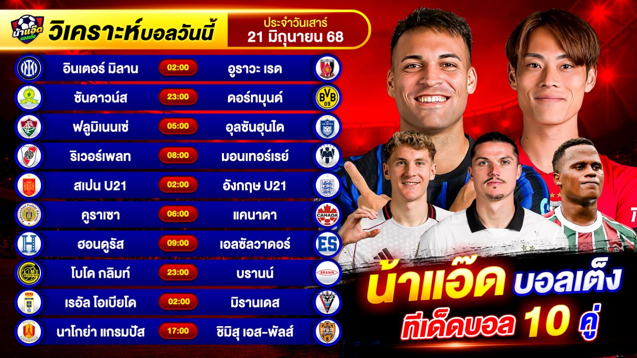 วิเคราะห์บอลวันนี้ ทีเด็ดบอล วันเสาร์ ที่ 21 มิถุนายน 2568 By น้าแอ๊ดบอลเต็ง #วิเคราะห์บอลวันนี้