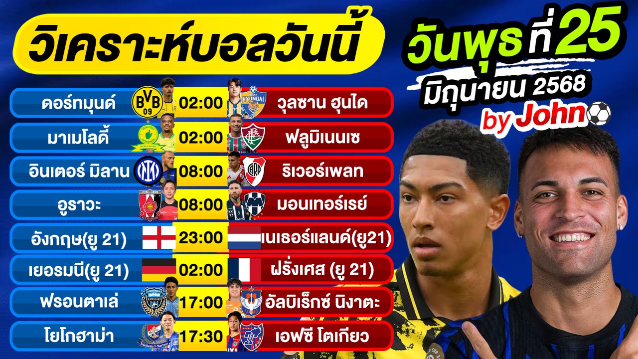 วิเคราะห์บอลวันนี้ บอลเต็ง ทีเด็ดบอล วันพุธ ที่ 25 มิถุนายน 2568 By จอห์นบอลเต็ง