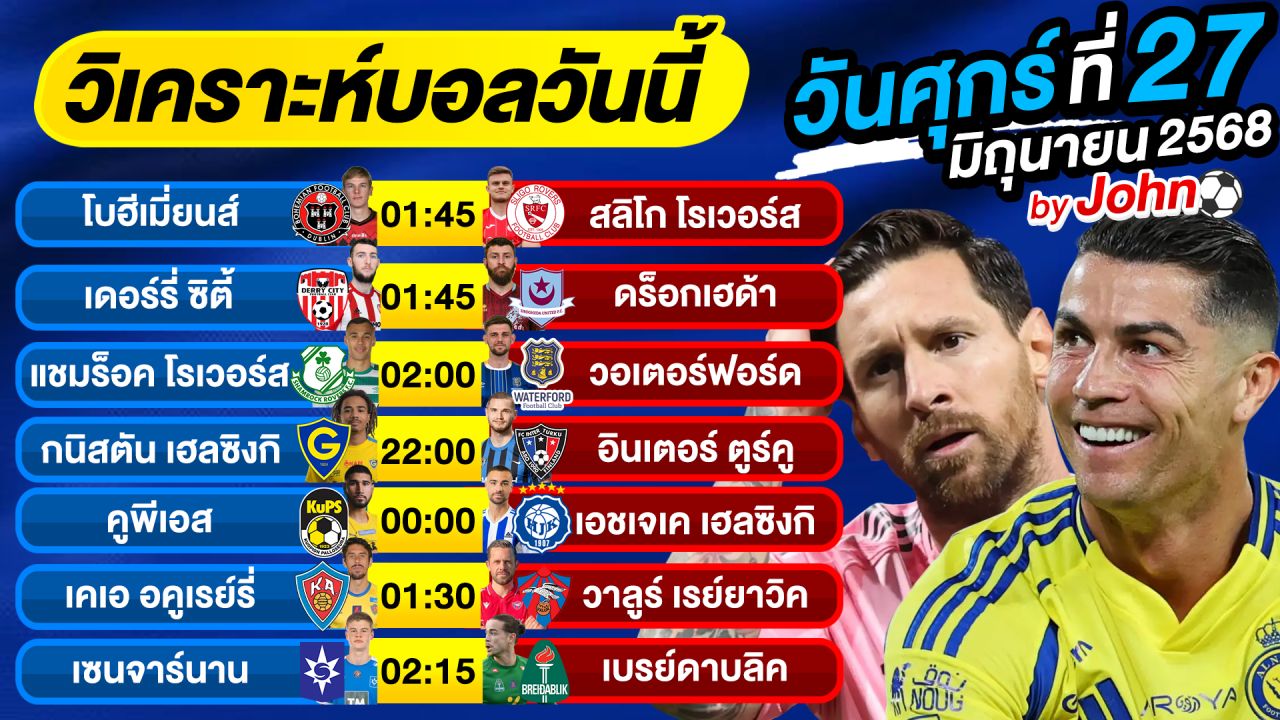 วิเคราะห์บอลวันนี้ บอลเต็ง ทีเด็ดบอล วันศุกร์ ที่ 27 มิถุนายน 2568 By จอห์นบอลเต็ง