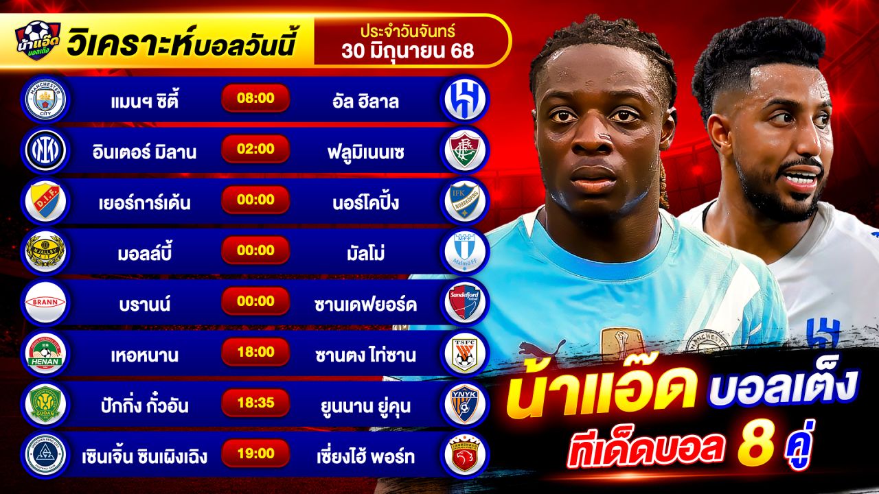 วิเคราะห์บอลวันนี้ ทีเด็ดบอล วันจันทร์ ที่ 30 มิถุนายน 2568 By น้าแอ๊ดบอลเต็ง #วิเคราะห์บอลวันนี้