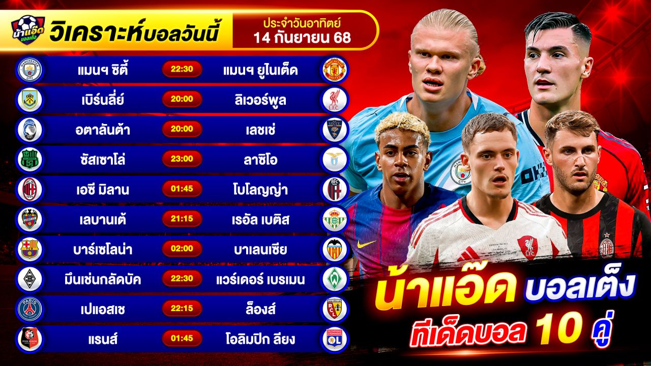 วิเคราะห์บอลวันนี้ ทีเด็ดบอล วันอาทิตย์ ที่ 14 กันยายน 2568 By น้าแอ๊ดบอลเต็ง #วิเคราะห์บอลวันนี้