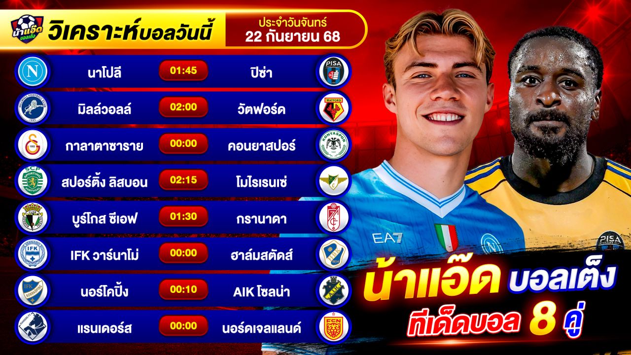 วิเคราะห์บอลวันนี้ ทีเด็ดบอล วันจันทร์ ที่ 22 กันยายน 2568 By น้าแอ๊ดบอลเต็ง #วิเคราะห์บอลวันนี้