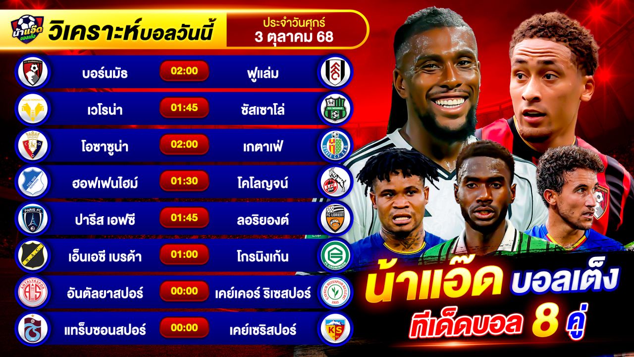 วิเคราะห์บอลวันนี้ ทีเด็ดบอล วันศุกร์ ที่ 3 ตุลาคม 2568 By น้าแอ๊ดบอลเต็ง #วิเคราะห์บอลวันนี้