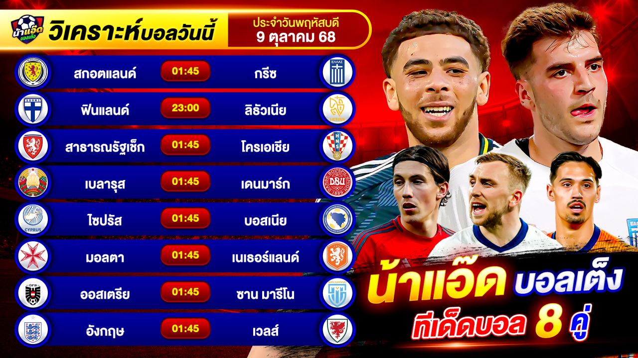 วิเคราะห์บอลวันนี้ ทีเด็ดบอล วันพฤหัสบดี ที่ 9 ตุลาคม 2568 By น้าแอ๊ดบอลเต็ง #วิเคราะห์บอลวันนี้
